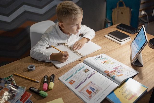 child studying on desk
